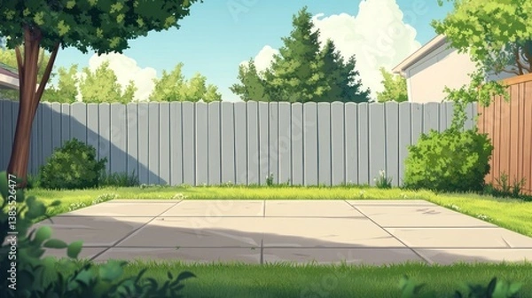 Fototapeta Sunny backyard patio scene with gray fence, green grass, and trees.