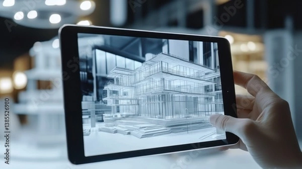 Fototapeta Hand holding tablet displaying 3D architectural model.