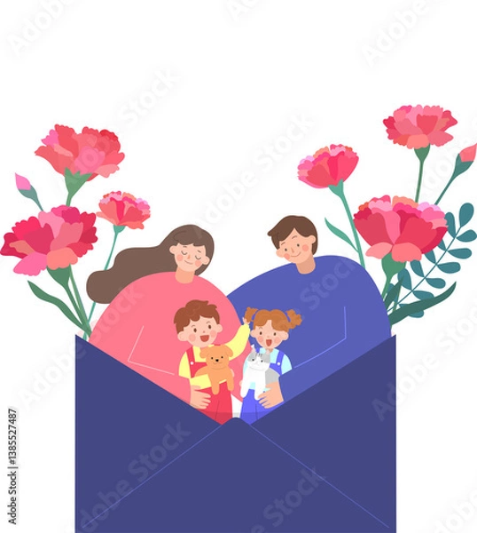 Fototapeta 행복한 가족의 카네이션 가득한 어버이날 일러스트