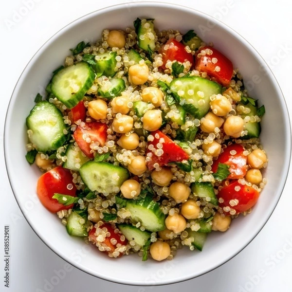 Fototapeta A bowl of quinoa salad with cucumber, tomato, and chickpeas. Featuring a nutritious, plant-based dish