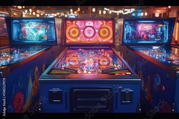 Fototapeta Futuristic pinball machines glowing in an arcade