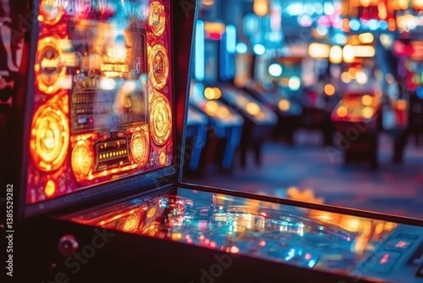 Fototapeta Pinball machine shining in amusement arcade at night