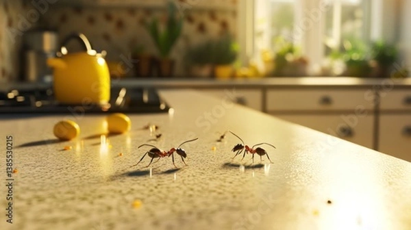 Fototapeta Two ants on kitchen counter with crumbs, sunlight streaming through window.
