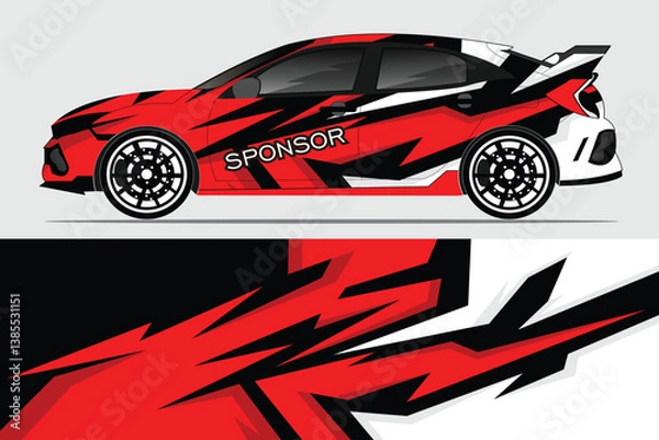Fototapeta A dynamic red and black sports car with striking graphics parked against a minimalist gray background