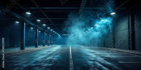 Fototapeta Dark cinematic street scene featuring blue-toned asphalt, glowing neon lights, and smoky textures in an empty backdrop.