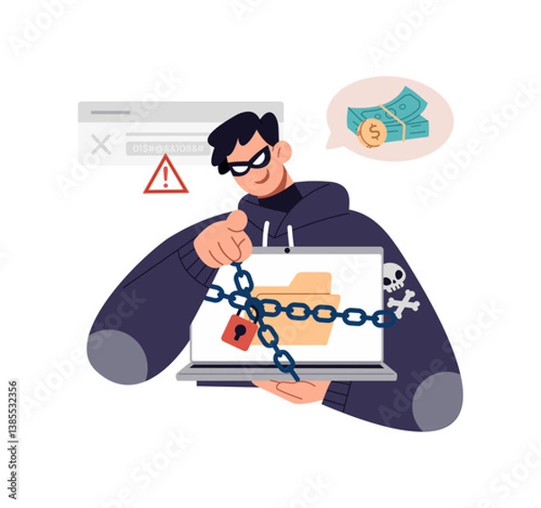 Obraz Illustration of ransomware attack. Extortionist hacker steals information and demands payments for their crime. Flat vector design isolated on white background