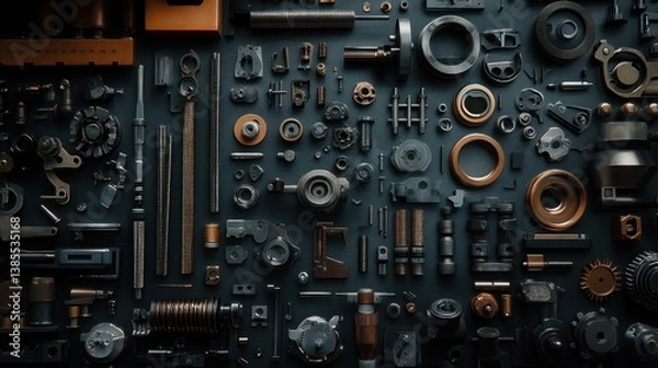 Fototapeta Flat lay of various metal parts and components on a dark background.