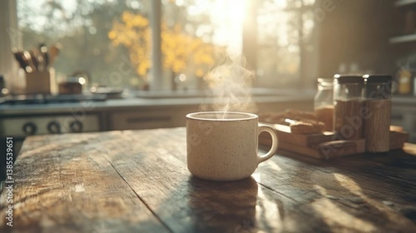 Fototapeta Enjoying a warm cup of coffee in a cozy kitchen morning light still life inviting atmosphere warm and inviting environment close-up perspective comfort and relaxation