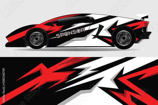 Fototapeta Sleek race car design featuring bold red and black graphics, showcasing speed and modern aesthetics