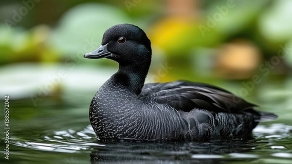 Fototapeta Black Duck Serenity: A solitary black duck floats calmly on a tranquil pond amidst the blurred backdrop of water lilies and lush greenery. The scene captures the essence of natural peace and quiet.