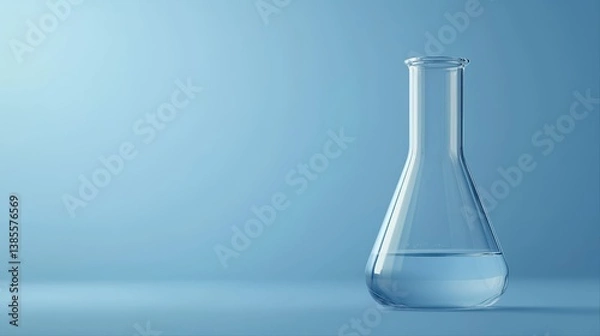 Fototapeta Clear laboratory flask with liquid on blue background