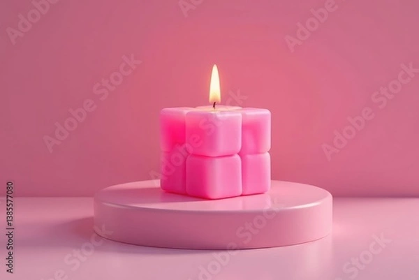 Fototapeta Soy cube bubble candle on pink pedestal with subtle shadows, ambient light, shiny surface