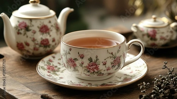 Fototapeta Serene Tea Time: A delicate tea cup and saucer filled with steaming tea sit alongside a matching teapot and sugar bowl, creating a scene of quiet elegance and peaceful enjoyment.