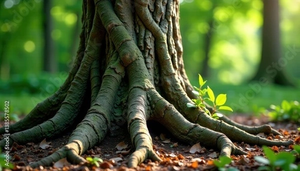 Fototapeta Tree trunk with gnarled bark and twisted roots, gnarled, bark, tree trunk