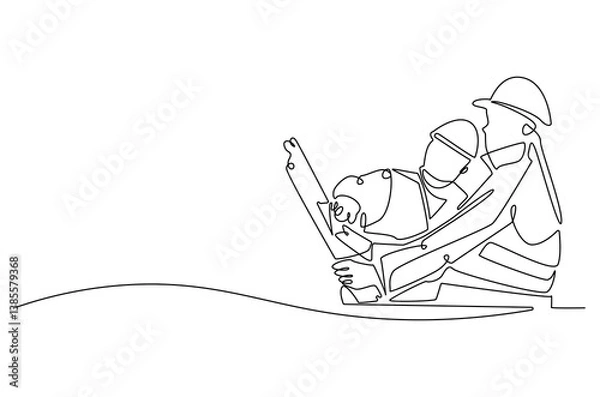 Obraz Continuous one line drawing of young architect discussing a construction project. Single line drawing illustration of architect brief. Building business concept vector art. Doodle line illustration.