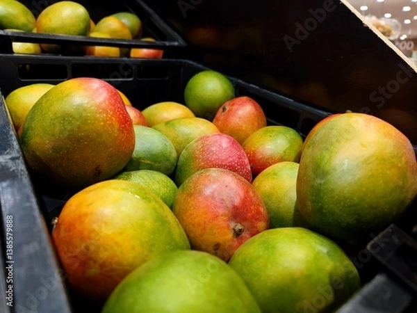 Fototapeta Beautiful green and red colored mangoes lie on a shelf within the fruit and vegetable section of a supermarket