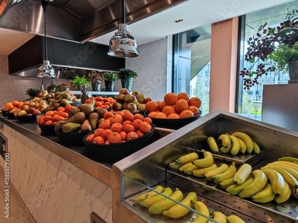 Fototapeta Delicious variety of diverse fruits at a fruit bar at a self service buffet restaurant in a luxury hotel
