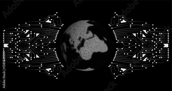 Obraz A futuristic composition in cyberpunk style. The globe in the center is connected to an abstract circuit board, symbolizing the digitalization of the world and the technologies that govern the planet.