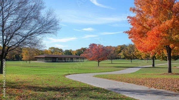 Obraz A beautiful autumn park with fallen leaves, orange and red trees, and a calm walkway. The wide open space creates ample room for copy.