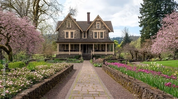 Obraz A beautiful house surrounded by a blooming garden, with a stone fence and a neatly paved walkway. Clear skies and natural light provide plenty of copy space.