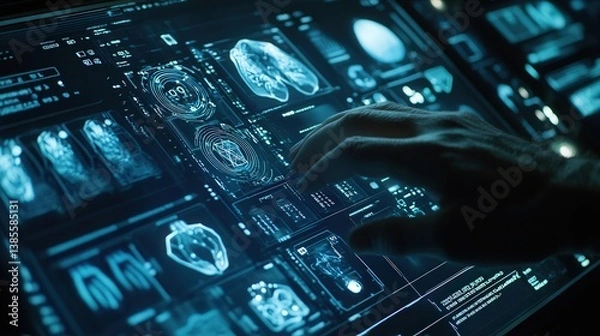 Fototapeta A hand is touching a computer screen that is displaying a variety of medical images. The images are in black and white and appear to be related to the human body. Scene is serious and focused