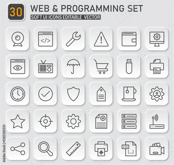 Fototapeta Web and programming icon set with editable vector graphic elements and soft UI design