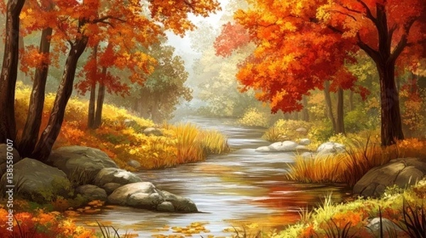 Obraz A peaceful river winding through a forest of colorful autumn trees. The warm tones of fall leaves and calm water create ideal copy space.