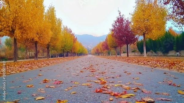 Obraz A quiet autumn road lined with colorful trees, with fallen leaves covering the asphalt. The open road and clear sky create perfect space for copy.