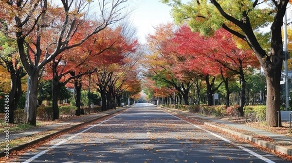 Obraz A quiet autumn road lined with colorful trees, with fallen leaves covering the asphalt. The open road and clear sky create perfect space for copy.