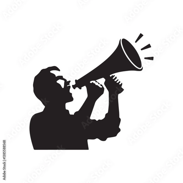 Fototapeta man with loudspeaker horn black silhouette isolated on white background