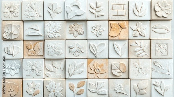 Fototapeta Decorative wall tiles with embossed floral and leaf patterns