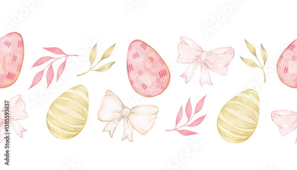 Fototapeta Easter watercolor seamless border with eggs and bows. Cute horizontal border for festive design and decoration. Packaging, happy easter holiday. Cute ribbon with colorful eggs