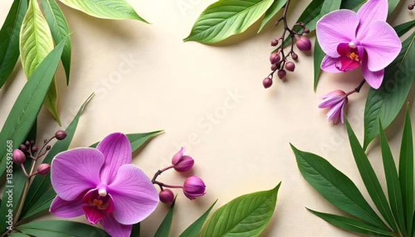 Obraz A seamless botanical background featuring lush green leaves and blooming tropical flowers on a soft beige canvas