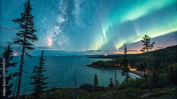 Fototapeta Celestial Landscape with Floating Gardens and Luminous Trees V1