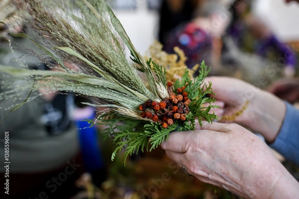 Obraz The process of making traditional Lithuanian Easter palm, using dried flowers and branches