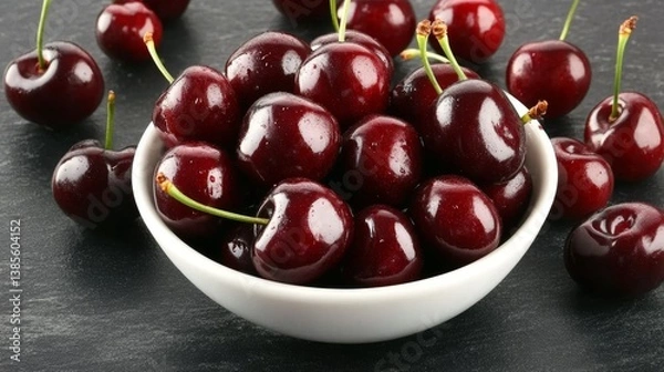 Fototapeta Bowl of dark red cherries on gray tabletop with scattered fresh cherries around, central composition on black background with macro close-up, showing high-end quality and detailed juicy fruit concept.