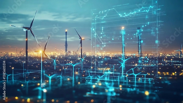 Fototapeta An AI powered system enhancing energy consumption optimization by analyzing real time utility and weather data, futuristic AI-driven energy platform, Sustainable energy style