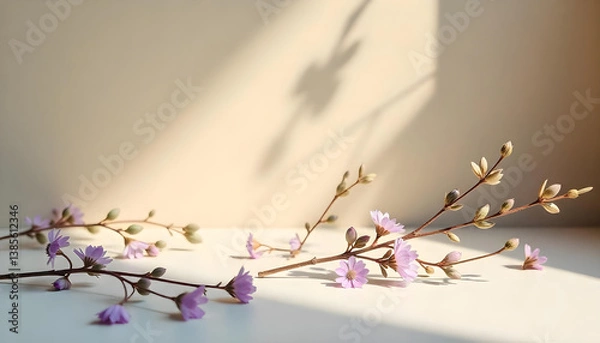 Obraz A minimalistic background with scattered eucalyptus branches and tiny wildflowers over a light cream surface