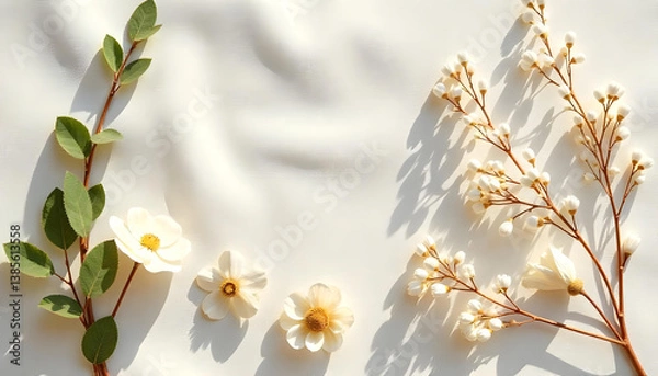 Obraz A minimalistic background with scattered eucalyptus branches and tiny wildflowers over a light cream surface