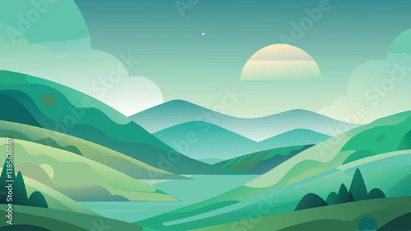 Fototapeta Desert landscape, vast sand dunes, golden sunset, orange sky, large sun, mountainous horizon, warm colors, stylized illustration, vector art, minimalist design, tranquil scene, barren wilderness, roll