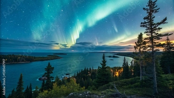 Fototapeta Celestial Landscape with Floating Gardens and Luminous Trees V9