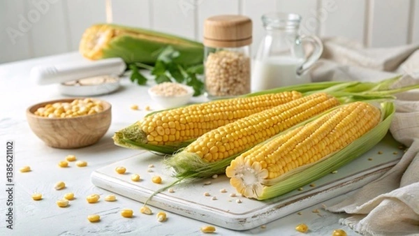 Fototapeta Close-up of Fresh Corn on a Table with White Background V2