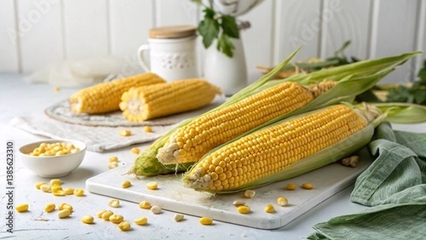 Fototapeta Close-up of Fresh Corn on a Table with White Background V3