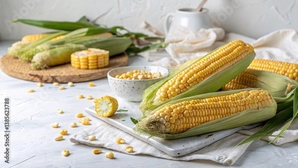 Fototapeta Close-up of Fresh Corn on a Table with White Background V4
