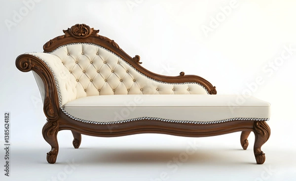 Fototapeta 3D rendering of an elegant chaise longue with diamond buttons and a carved wood frame, isolated on a white background