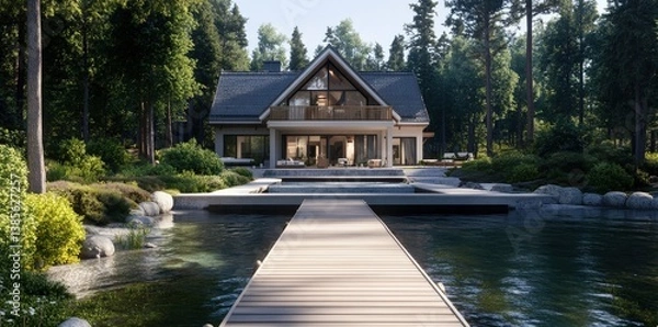 Obraz A serene lakeside home surrounded by lush greenery, featuring a wooden dock leading to a tranquil waterfront.