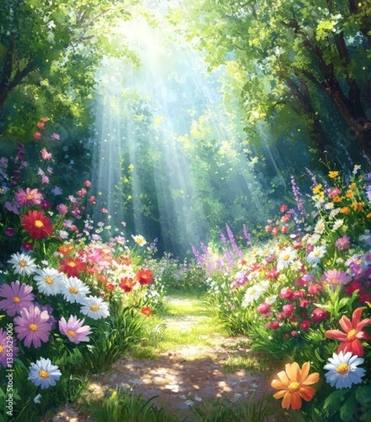 Obraz A vibrant, sunlit pathway surrounded by lush flowers and greenery, creating a serene and enchanting natural scene.