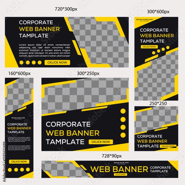 Obraz Creative Web Banner Template Set – Standard Sizes with Image Placeholders Vertical, Horizontal, Square | Vector Design