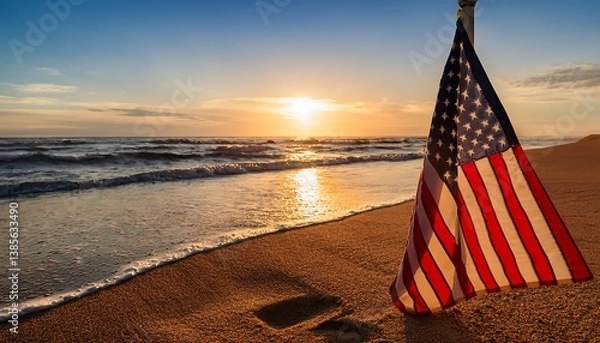 Obraz Patriotic serenity: American flag on beach at sunset with sea waves