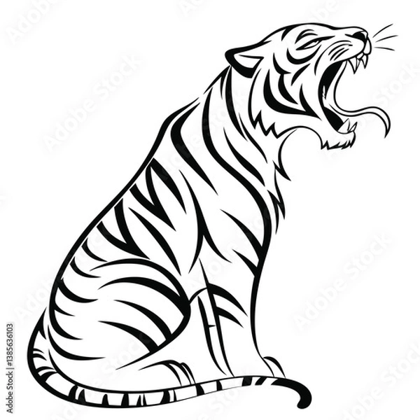 Fototapeta tribal tiger, geometric pattern, black and white illustration, stylized animal art, roaring feline, bold lines, diamond shapes, symmetrical design, monochrome, abstract big cat, native art influence, 